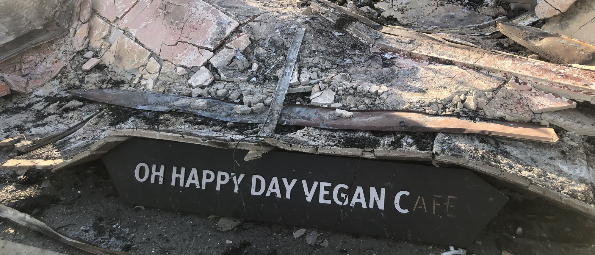 The charred sign of the Oh Happy Day Vegan Cafe lies among ash and rubble after the Eaton Fire in Altadena, California